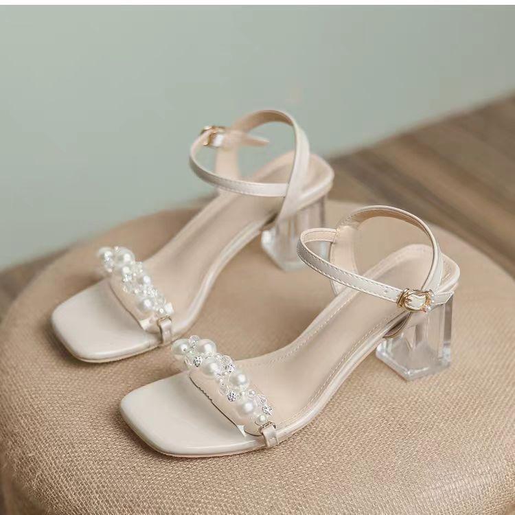 2025 new one-word sandals women's summer French temperament fashion soft-soled crystal thick heel versatile high heels