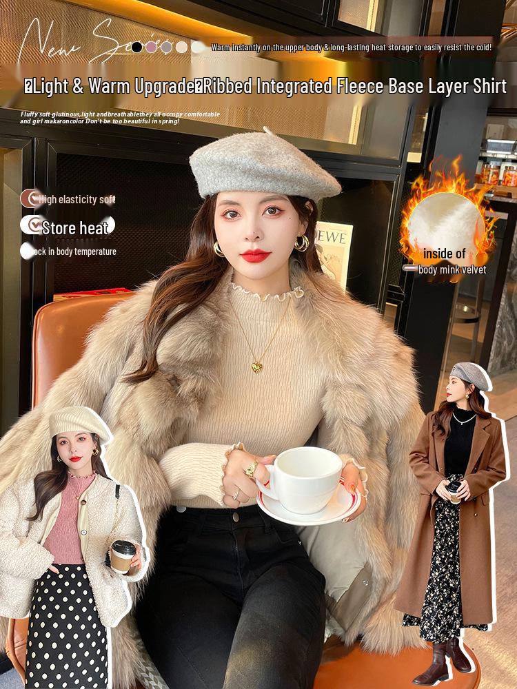 Women's Velvet Ruffled High Collar Knitted Sweater - Thick Warm Autumn/Winter Pullover Top
