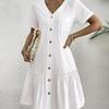 Women's V Neck Button Front Ruffle Hem Midi Dress Short Sleeve Casual Dress