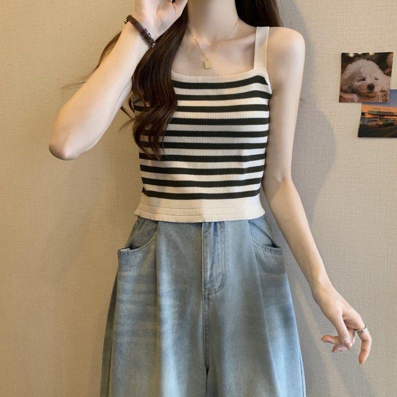 

2025 Женская французская полосатая трикотажная кофточка: Тонкий летний топ без рукавов One size (fits 70-125 jin) чёрный