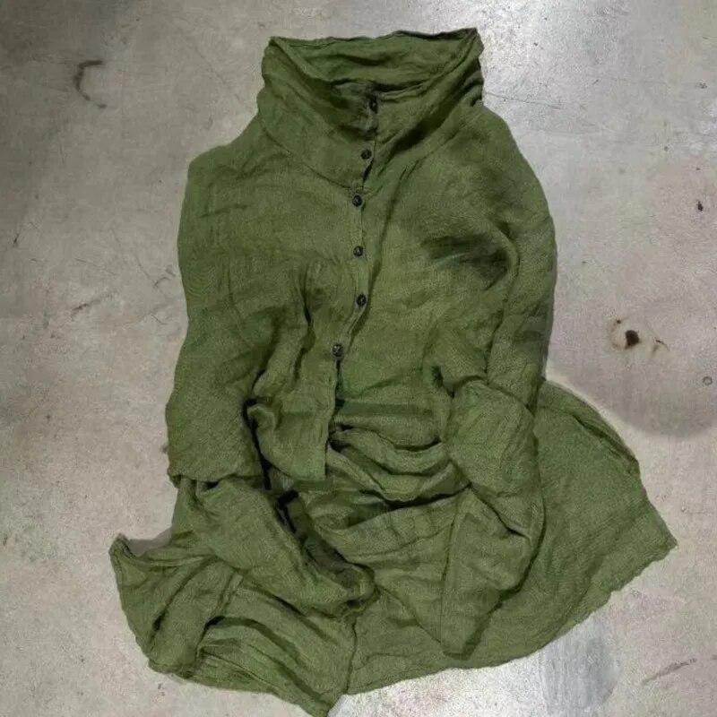 Johnature Kvinner Vintage rullekrave linskjorter Ensfargede Langermede knappoverdeler Høstknapp Uformelle dameskjorter