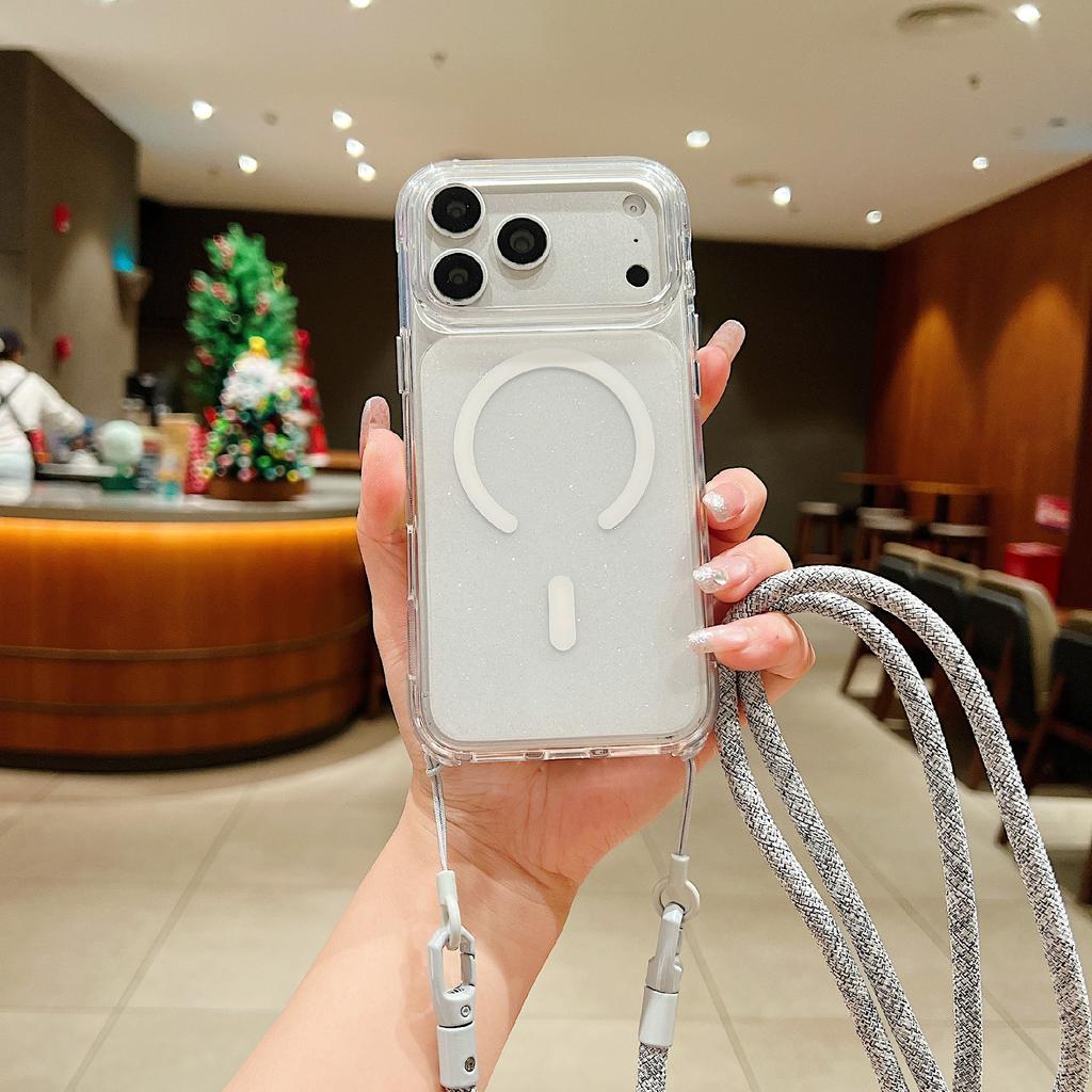 For iPhone 17 Pro Max Case Compatible with MagSafe Clear Glitter TPU Acrylic Phone Cover with Shoulder Strap