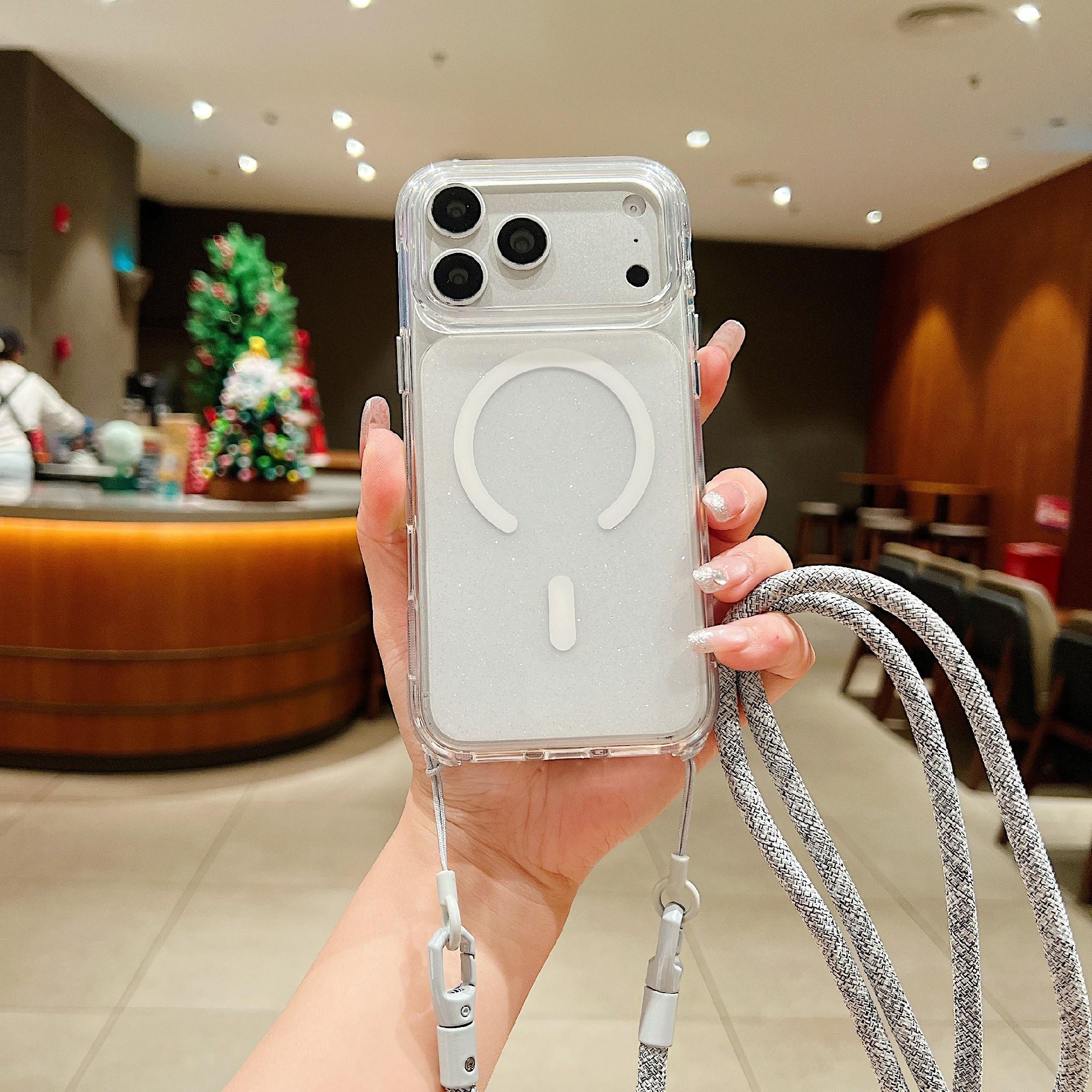 

Чехол для iPhone 17 Pro Max, совместимый с MagSafe, прозрачный, с блестками, из ТПУ и акрила, с ремешком на плечо