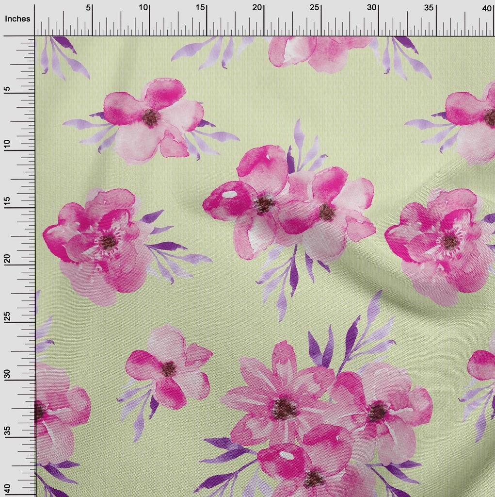 oneOone Bawełna Elastyczna Tkanina Akwarelowe Liście i Kwiaty Kwiatowy Nadruk Metraż 40 Cali