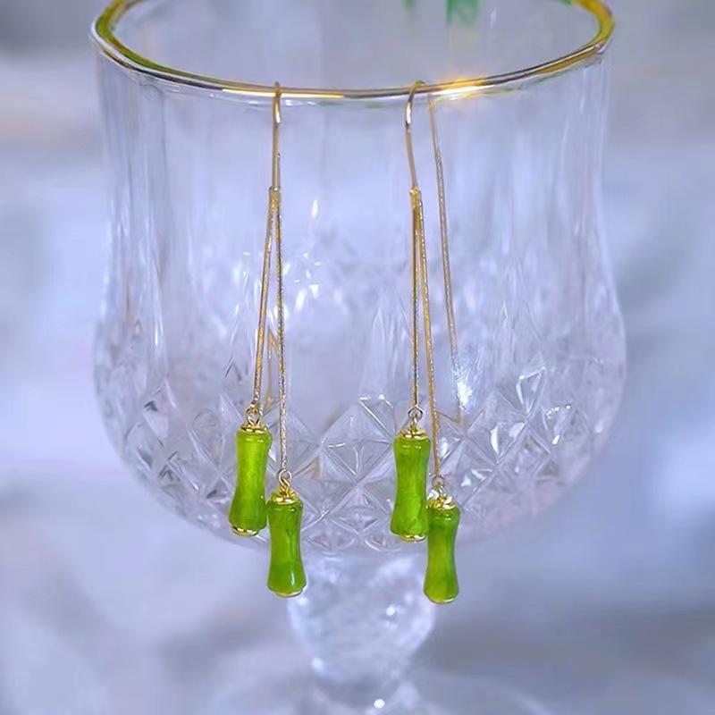 2022 Versatile Green Bamboo Tassel Drop Earrings for Women