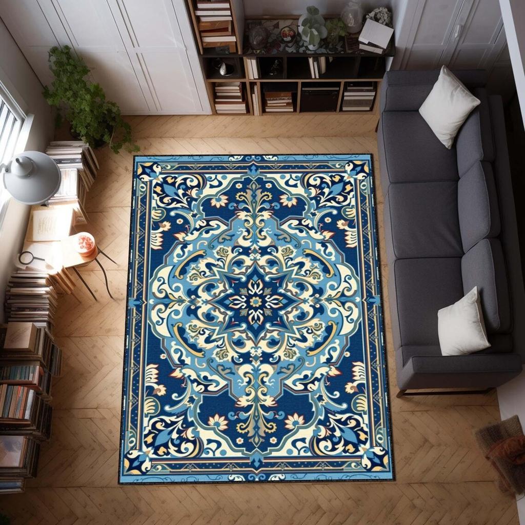 Blue Turkish Kilim Art Deco Rug Classic Oriental Carpet, Boho Woven Floor Mat for Vintage, Eclectic, Mediterranean Decor, Rug