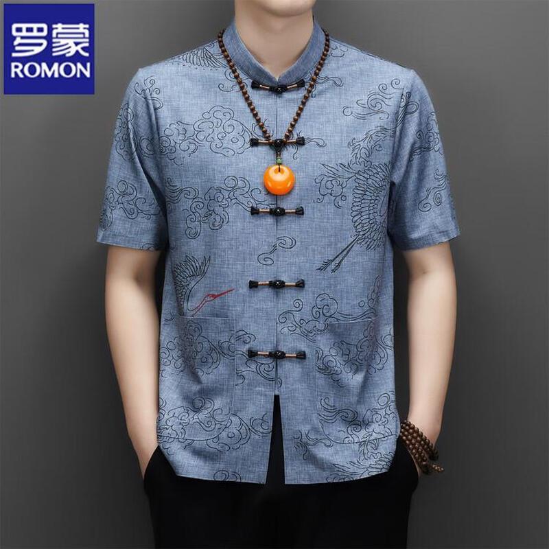 Romon Men s Traditional Chinese Short Sleeve Tang Suit Shirt 170