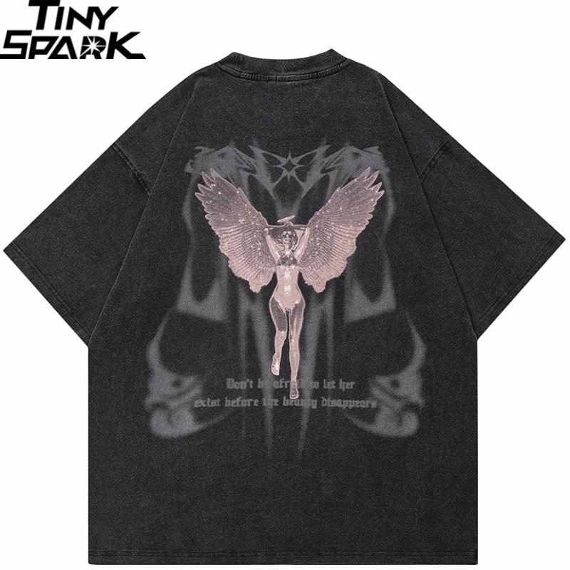 Hip Hop Rétro Streetwear T-shirt Noir Lavé Vintage Graphique Ailes d'Ange T-shirt Coton Unisexe T-shirt Homme Hauts Tee Hipster