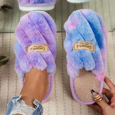 Crisscross Fluffy Home Warm Slippers, Soft Sole Open Toe Plush Lined Cozy Shoes, Non-slip Floor Mute Slippers, Winter & Autumn