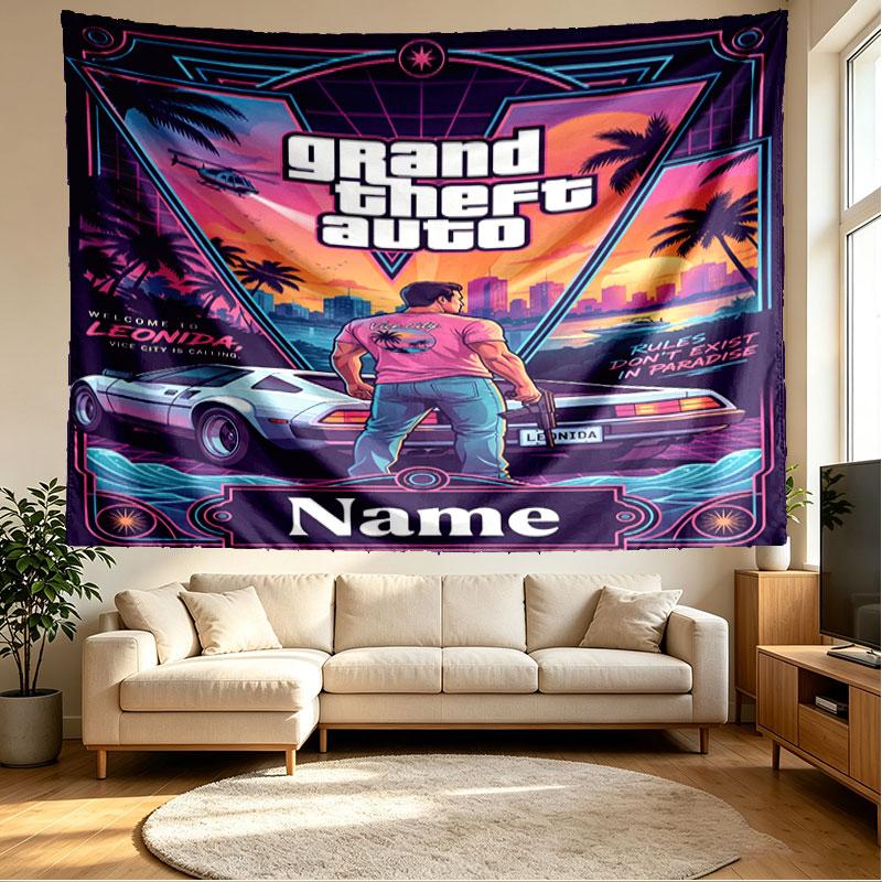 Custom Name Personalized Grand Theft Auto Print Tapestry, Wall Art Decor, Bedroom, Dorm, Apartment, LivingRoom, Party Backdrop, Gift for Birthday