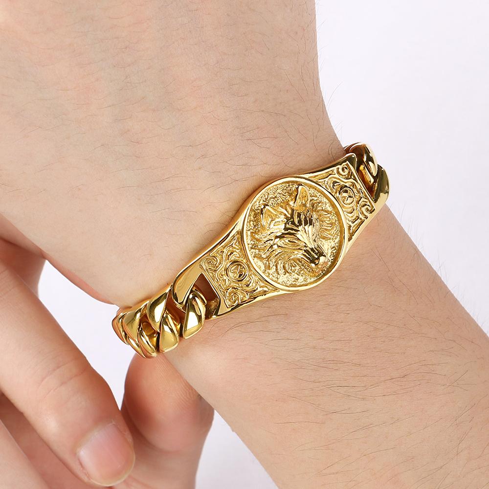 Cool Biker Mens Stainless Steel Wolf Head Curb Cuban Link Chain Bracelet for Men Man Punk Rock Style Jewelry Accessories 19-23CM