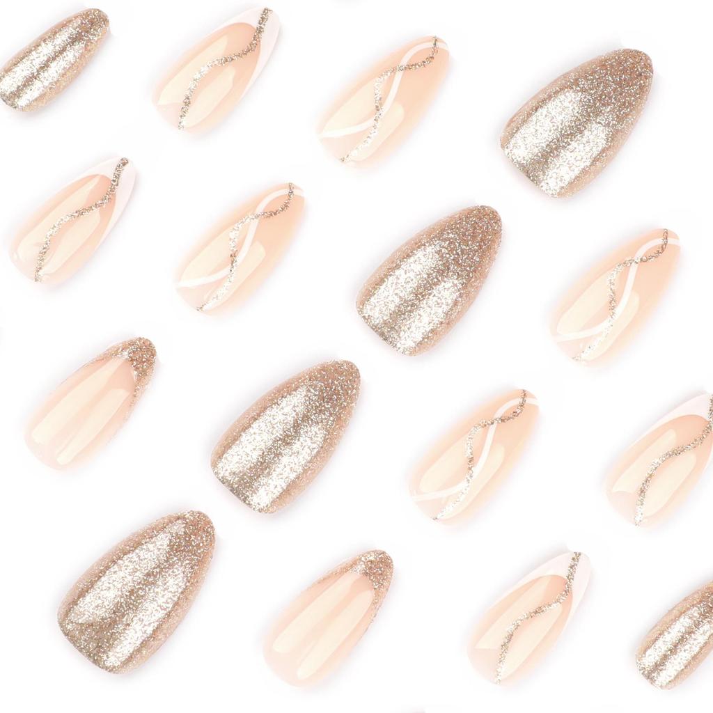 Gold Glitter Wave Line Press-On Nails, Medium-Short Almond Shape