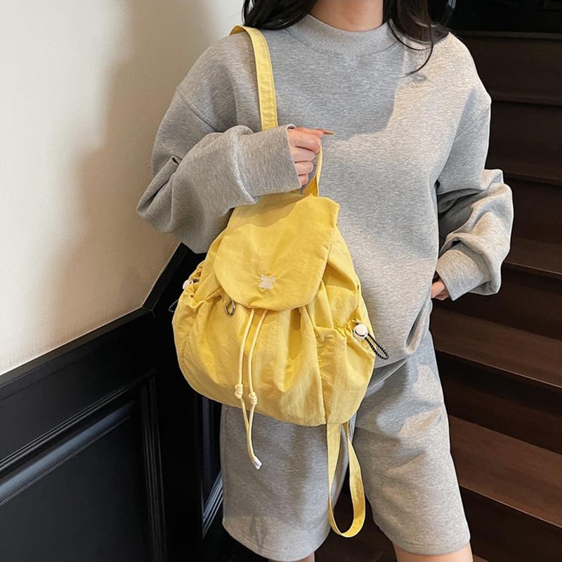 Women'S Stylish Nylon Multiple Pockets Drawstring Backpack Elegant Solid Color Student Small Shoulder Bag Work, Travel & Daily Use CLE