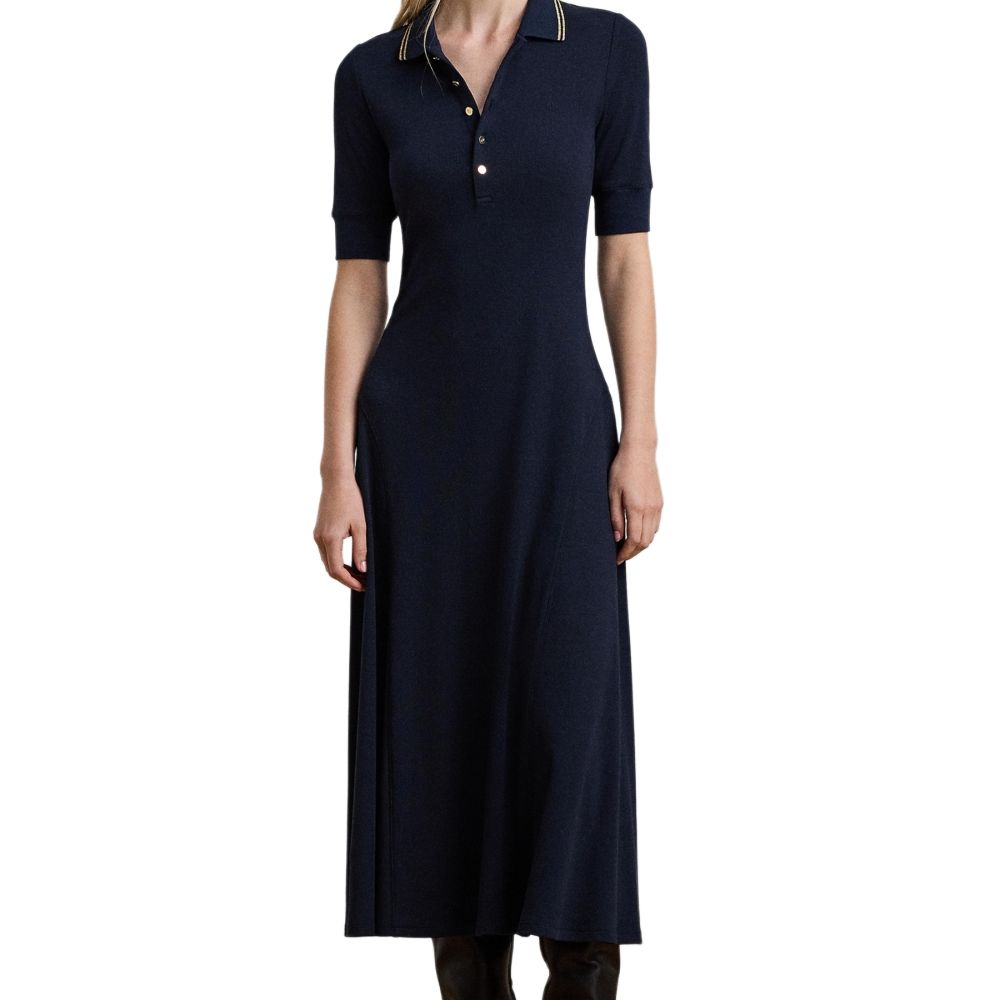 Polo Ralph Lauren Ribbed Embroidered Midi Short Sleeve Dress Women Dresses Navy-Blue 200957638-001