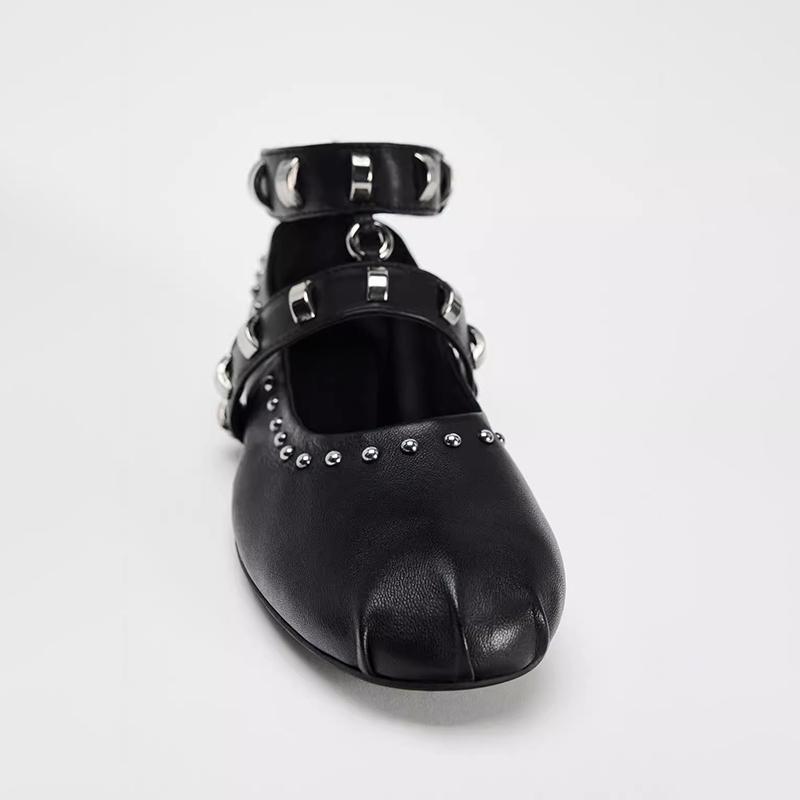 Sapatos de Bailarina Mary Jane de Camurça Sintética com Decoração de Rebites Retrô de Primavera para Mulheres, Tira no Tornozelo, Dança, Caminhada, Mocassins, Sapatos Casuais Planos para Meninas