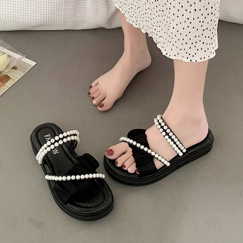 Internet Celebrity Slippers Wear Summer Women 2025 New Pearl Fairy Wind Two Wear Thick-soled Small Fragrant Beach Sandals