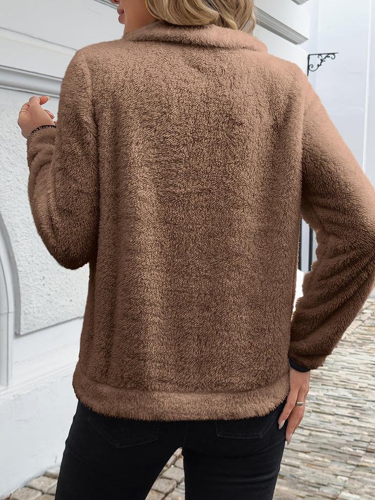 2025 Women's European & American Autumn/Winter Plush Sweatshirt with Semi-High Neck and Zipper Pockets