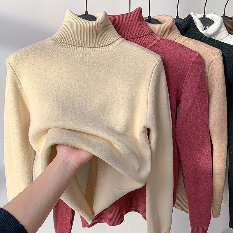 Winter High Collar Solid Color Velvet Warm Bottomed Sweater Women Simple All-match Knitting Pullover Top