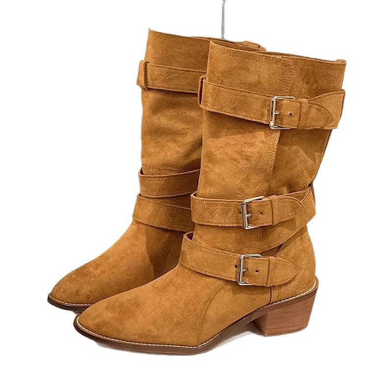 Retro Belt Buckle Pointed Head Thick Heel Western Cowboy Boots Women's Autumn and Winter Versatile Foreign Style Absolute Child Lazy Wind Knight Boots