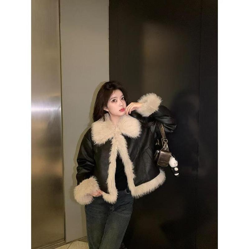 Retro fur integrated brown suede short fur jacket women's thin fur top autumn and winter