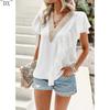 DX~~Short Sleeved Shirt Women's Summer Style Commuting V-neck Ruffle Top