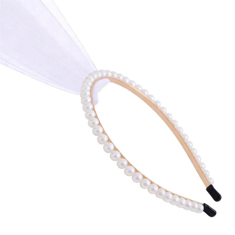 Delicate White Pearls Embellished Hairband Headdress Combined Veil For Bride Formal Event And Everyday Wear