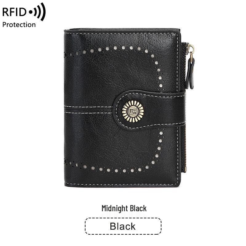 2023 RFID Women's Oil Wax Leather Wallet: Short Card Holder with Coin Purse and Fashion Buckle Zipper.