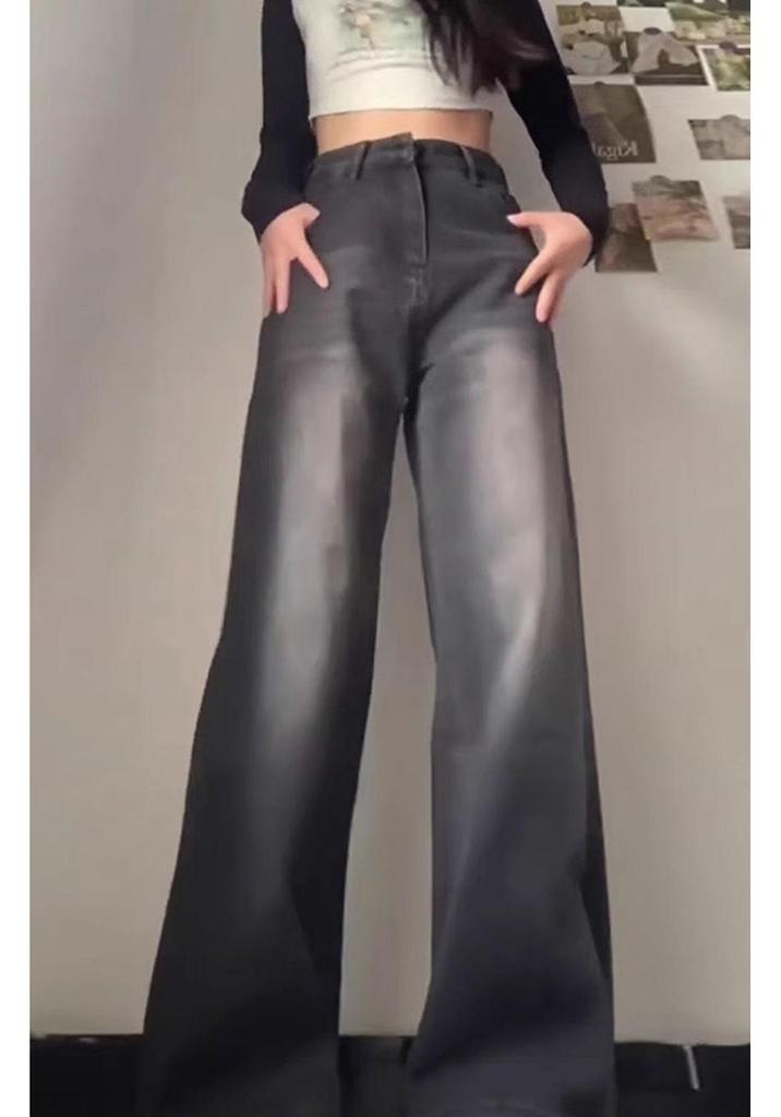 Women's Black-Grey Wide-Leg Jeans, Plus-Size, High-Waisted, Slimming Straight-Leg, Hip-Covering, Spring/Autumn Style, 2026 New Fashion.