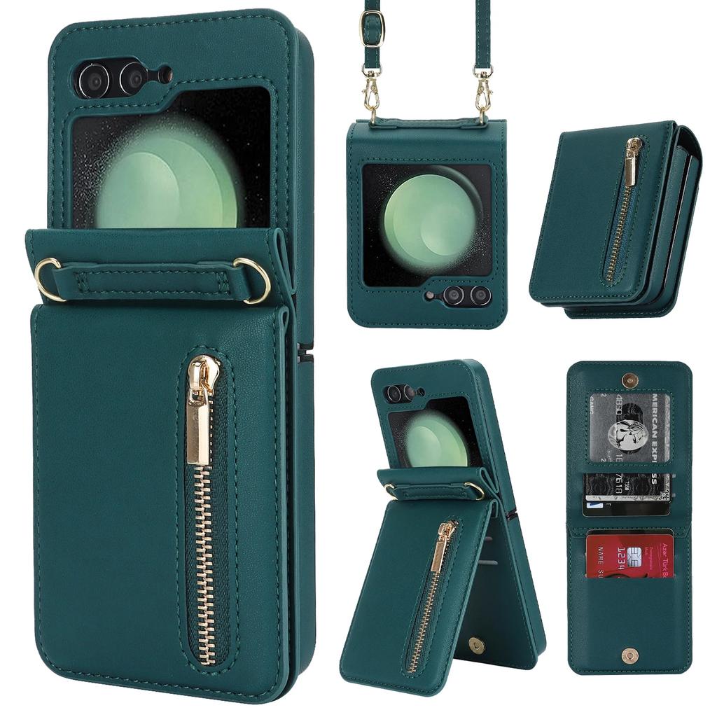 Zipper Wallet Vertical Cards Solt Crossbody Case for Samsung Galaxy Z Flip 7 SE 6 5 4 Shoulder Strap Lanyard Holder Purse Cover