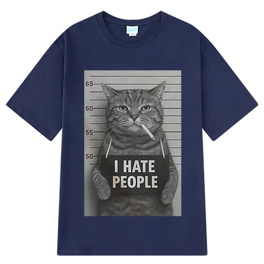 I Hate People Meow Print Tshirt Fun Cat Print T Shirts Loose Street Short Sleeve FemaleMale 100 Cotton Clothing Casual Tshirt
