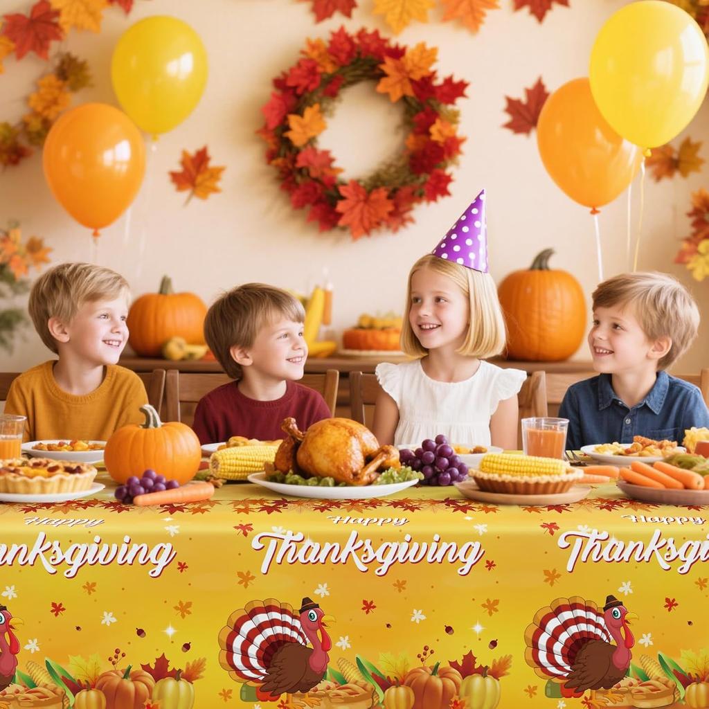 2 Pcs Happy Thanksgiving Tablecloth Disposable - Fall Turkey Tablecloths, Rectangle Pumpkin Maple Leaf Plastic Table Cover for Thanksgiving Table