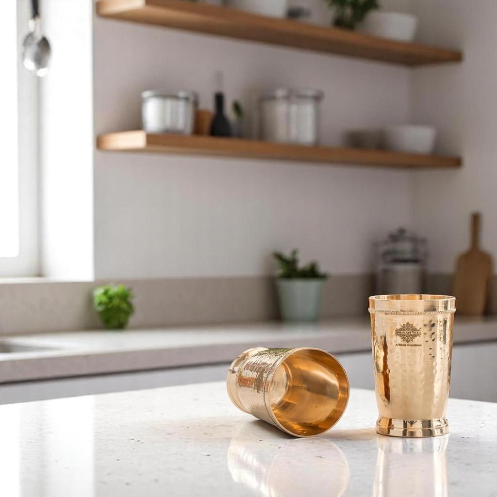 Pahar din alamă pură pentru apă potabilă, Yoga și Ayurveda, Set de 2