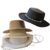 New French Flat Top Straw Hat For Women, Big Head Waist, Beach Top Hat, Woven Pearl Chain Sunscreen Hat