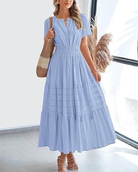 2026 Spring and Summer European and American Women's Fashion V-neck Pleated Bubble Sleeves Layered Pendulum Dress Women