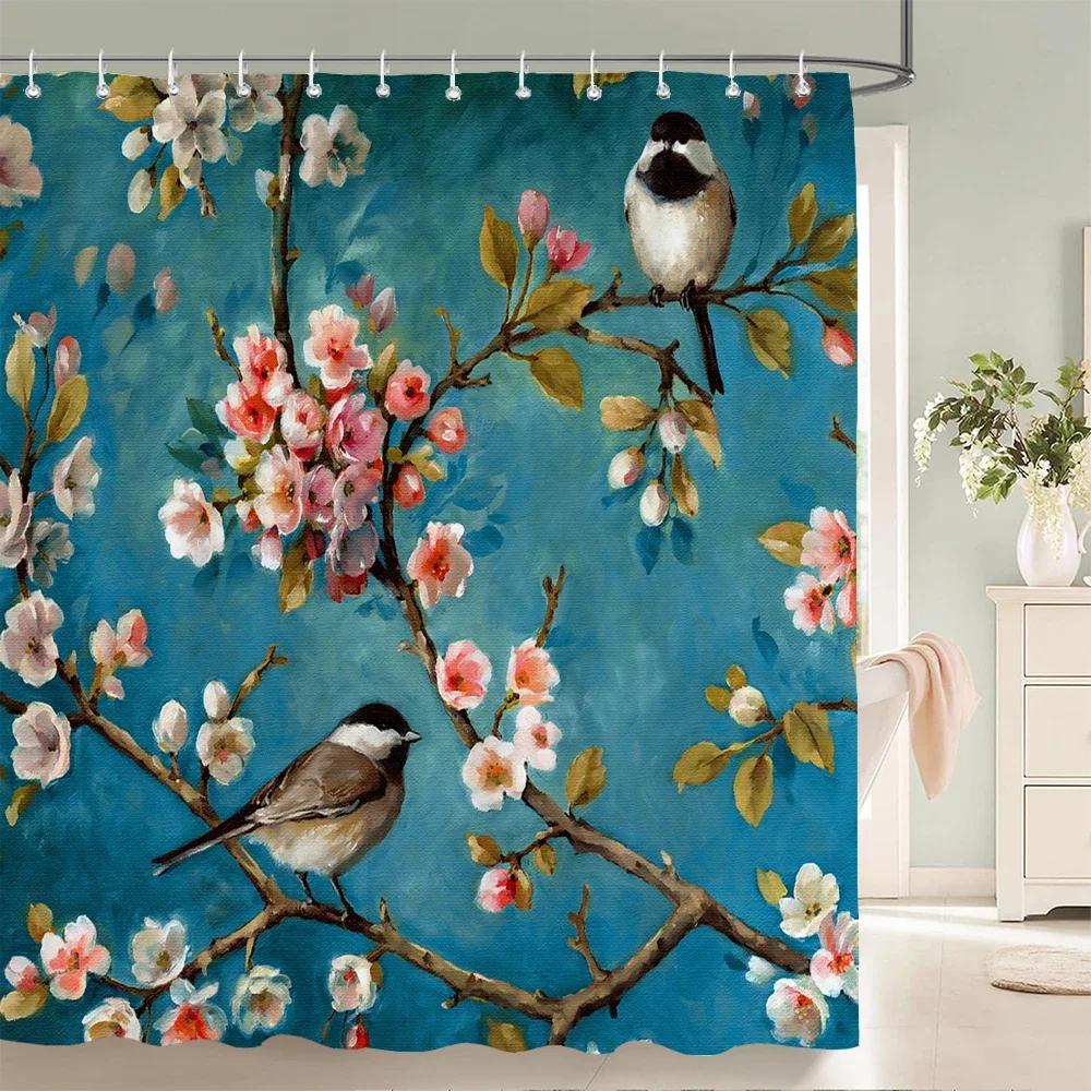 

Flowers And Birds Pattern Shower Curtain 3D Bath Screen Waterproof Fabric Bathroom Decor 240X180Cm With Hook Shower Curtains W60H190(CM)-1 Pcs