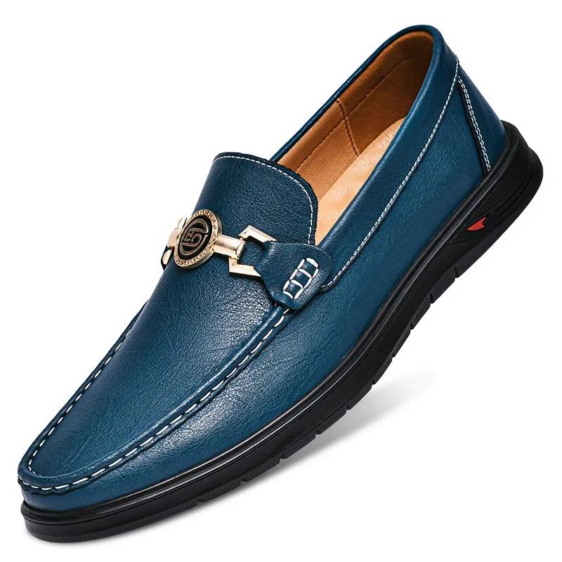 British Style Casual Leather Men Dress Blue Breathable Business Leather Shoes Handmade Loafers Classic Men Wedding Oxfords Flats