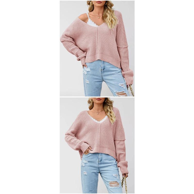 Women S V Neck Off Shoulder Knit Sweater Solid Color Casual