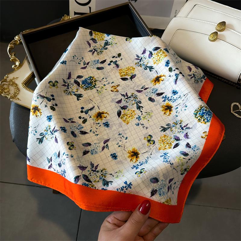 Fresh And Elegant Flower Square Scarf Simulation Silk Printing Silk Scarf Headscarf Women'S Spring And Summer Scarf Scarf Professional Scarf