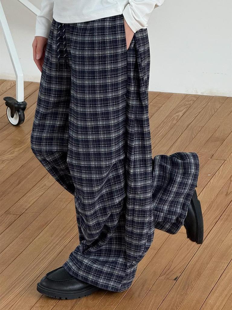 Navy Blue Retro Plaid Wide-Leg Elastic Drawstring Trousers for Women and Children - Autumn/Winter Fashion