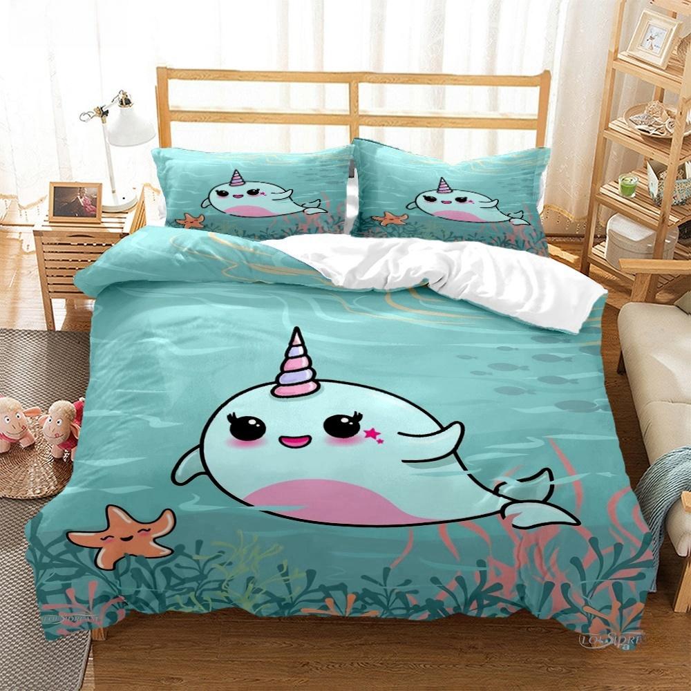 Cartoon Ocean Whale Dolphin Duvet Cover Kids Cute Kawaii Bedding Sets Soft Quilt Cover and Pillowcases Single_Double_Queen_King
