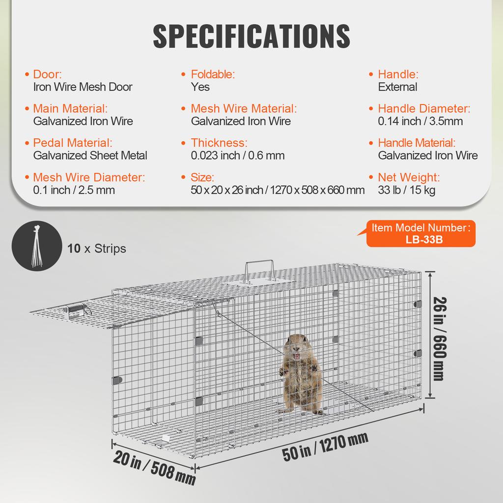 SucceBuy 24/31/42/50in Live Animal Cage Trap Folding Humane Cat Trap Galvanized Iron with Handle for Rabbit Squirrels Groundhogs