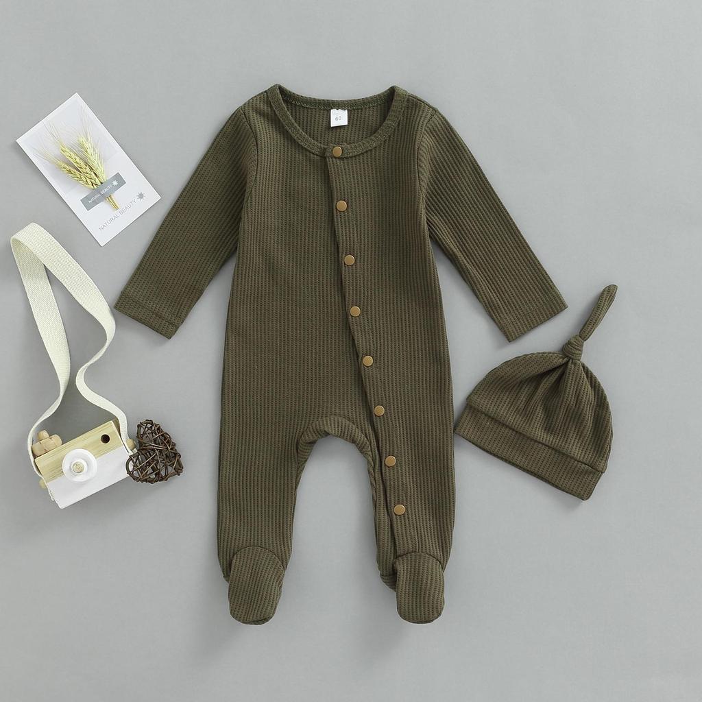 Nou-născut fetiță băiat salopetă Body cu mânecă lungă Waffle Footie Salopetă Onesie Toamna Iarnă ținută Haine cu pălărie
