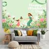 Sweet Mother's Day Tapestry, Soft Green Background with Mom and Daughter Playing Among Flowers, Warm and Loving Wall Art