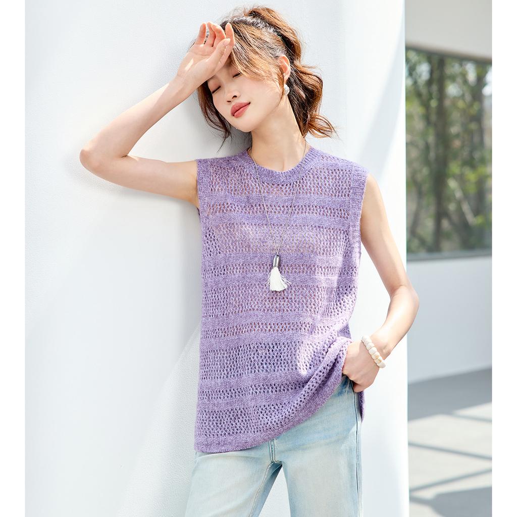 Fashionable 26 year summer outfit, layered on top, round neck, hollowed out knitted vest, knitted sweater, shoulder cut top, women's clothing