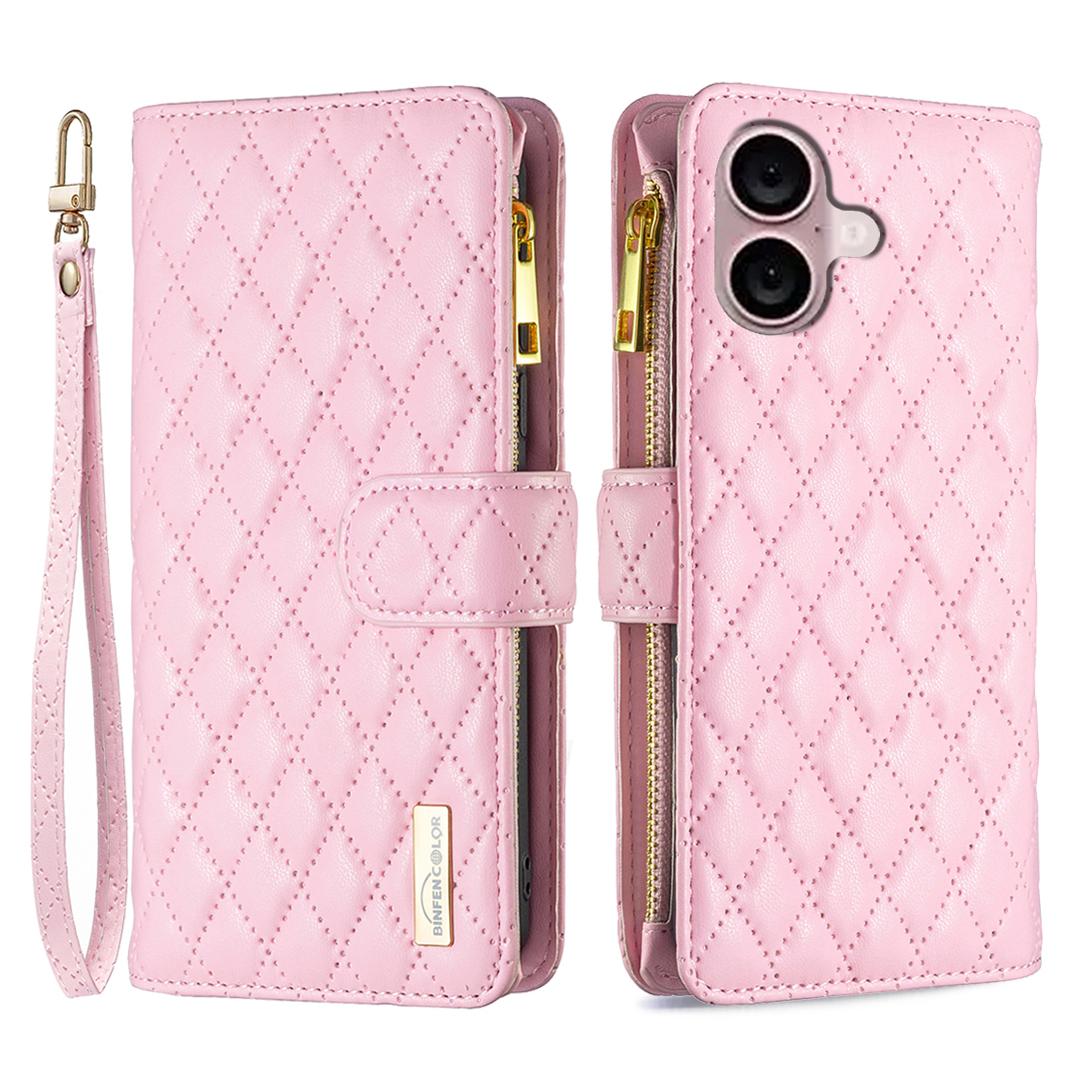 

BINFEN COLOR BF Style-15 For iPhone 16 Plus Case Rhombus Imprint Zipper Wallet Leather Phone Cover Pink