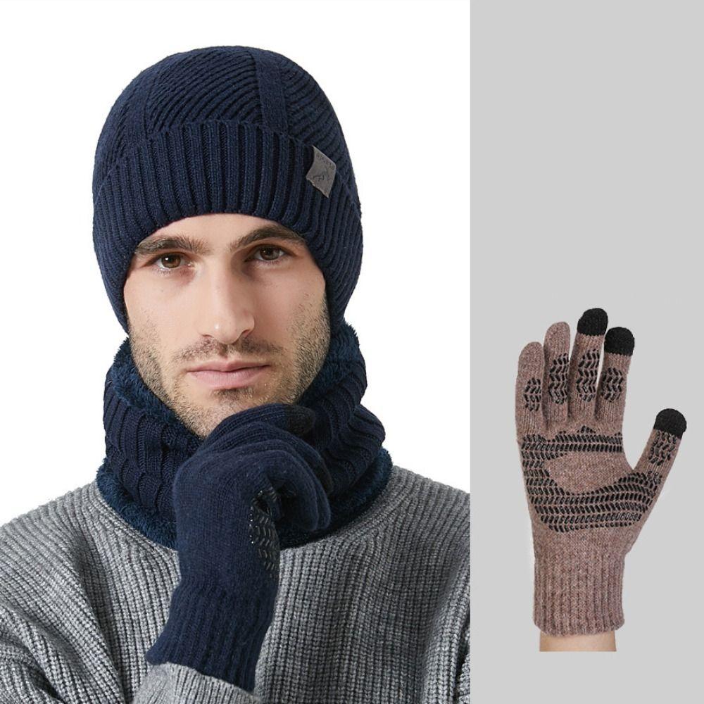 3Pcs/Set Plush Lining Knit Beanie Snood Set Warm Touchscreen Gloves for Men