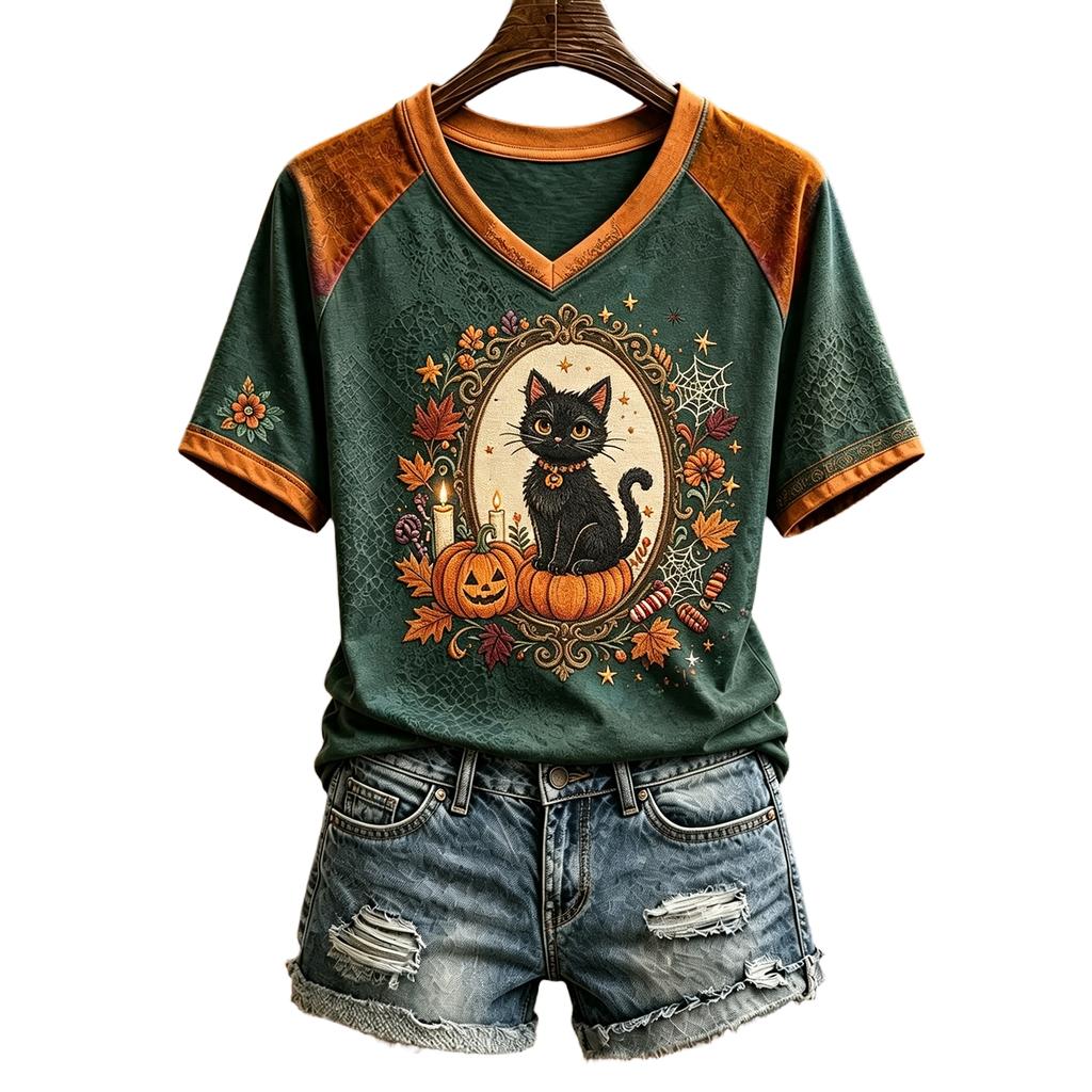 Women's Halloween Print V-Neck T-Shirt Casual Pullover Top