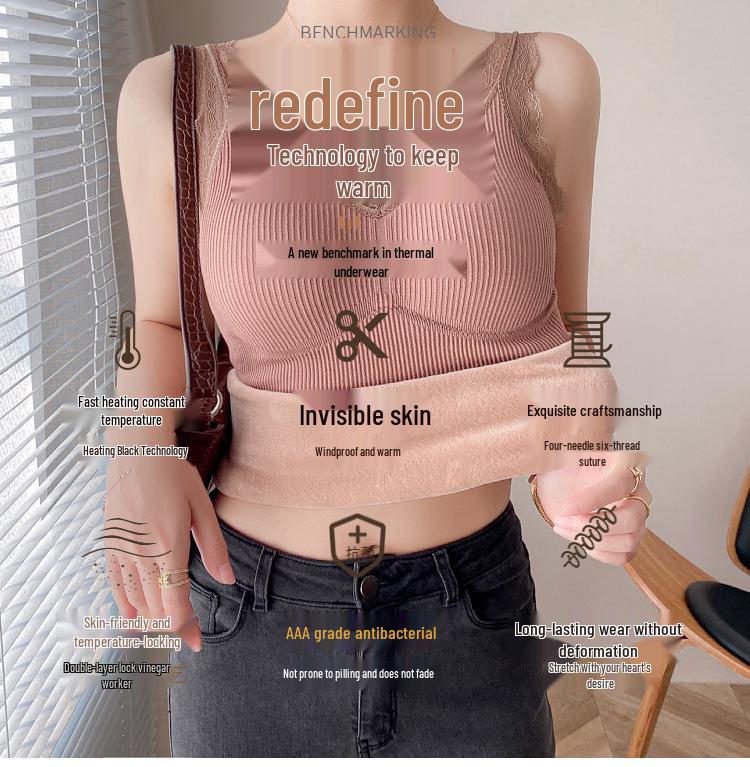 Women's Fleece-Lined Slim-Fit Lace Camisole with Chest Pads - Warm Vest