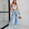 2025 Women's High Waist Straight-Leg Jeans with Chain and Washed Finish