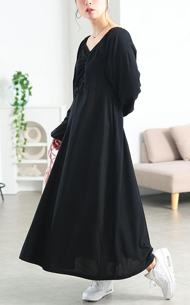 Gold Japan Plus Size Long Solid Perfect for and Size Black fem-615 Women's Dress, Sleeves, Flared, Drawstring, Ribbon, Color, Stretch, Fall, Winter,